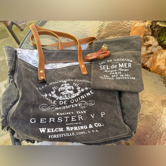 Myra Bag Large Gray Upcycled Canvas Tote Bag with Shoulder Purse-SET! - Picture 1 of 9